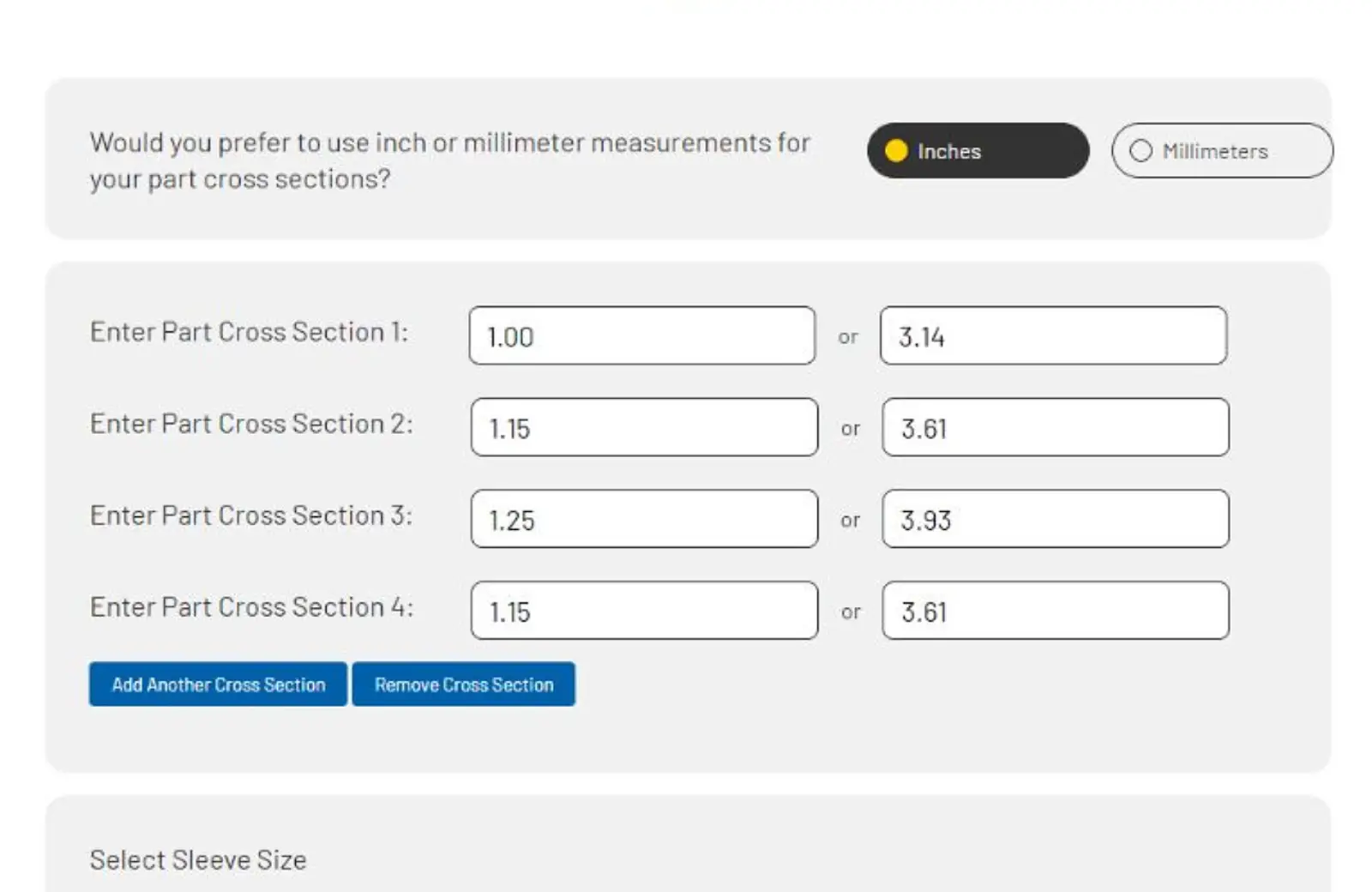 A&P Braid Calculator controls for measurement units and multiple part cross sections