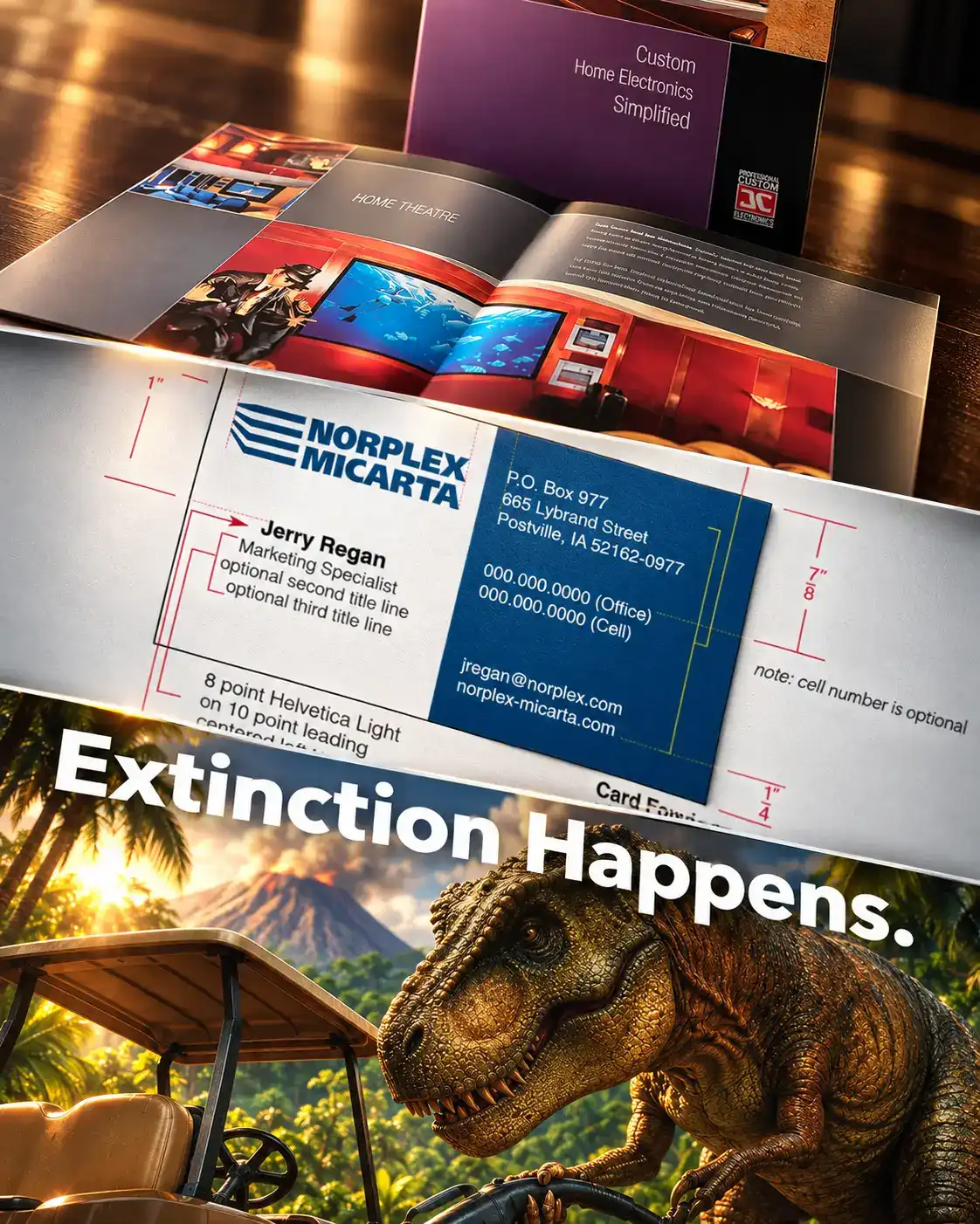 Art direction portfolio composition featuring Digitech brochure design, Norplex brand production specifications, and a WiTricity dinosaur campaign concept