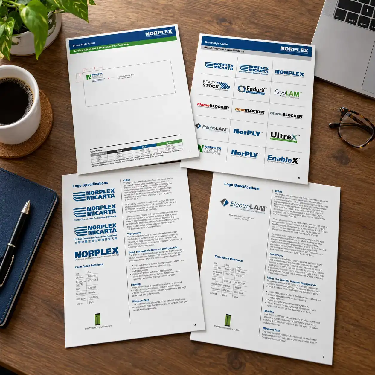 Four pages from the Norplex-Micarta brand standards guide showing logo families, color specifications, spacing and print reproduction guidelines