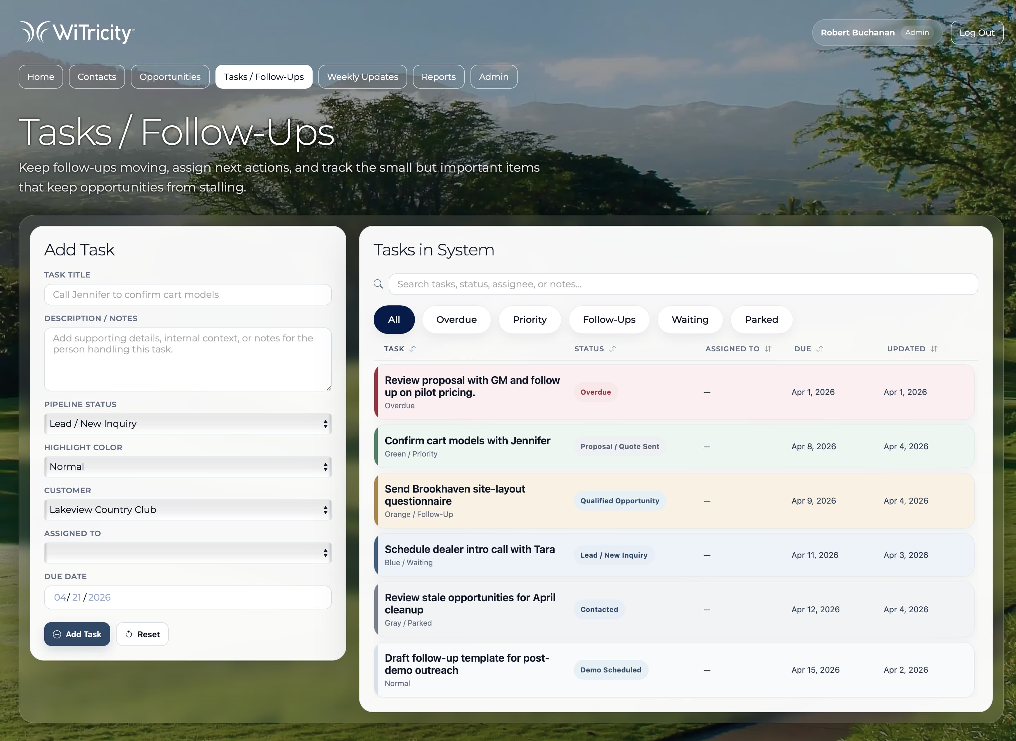 WiTricity CRM task and follow-up view