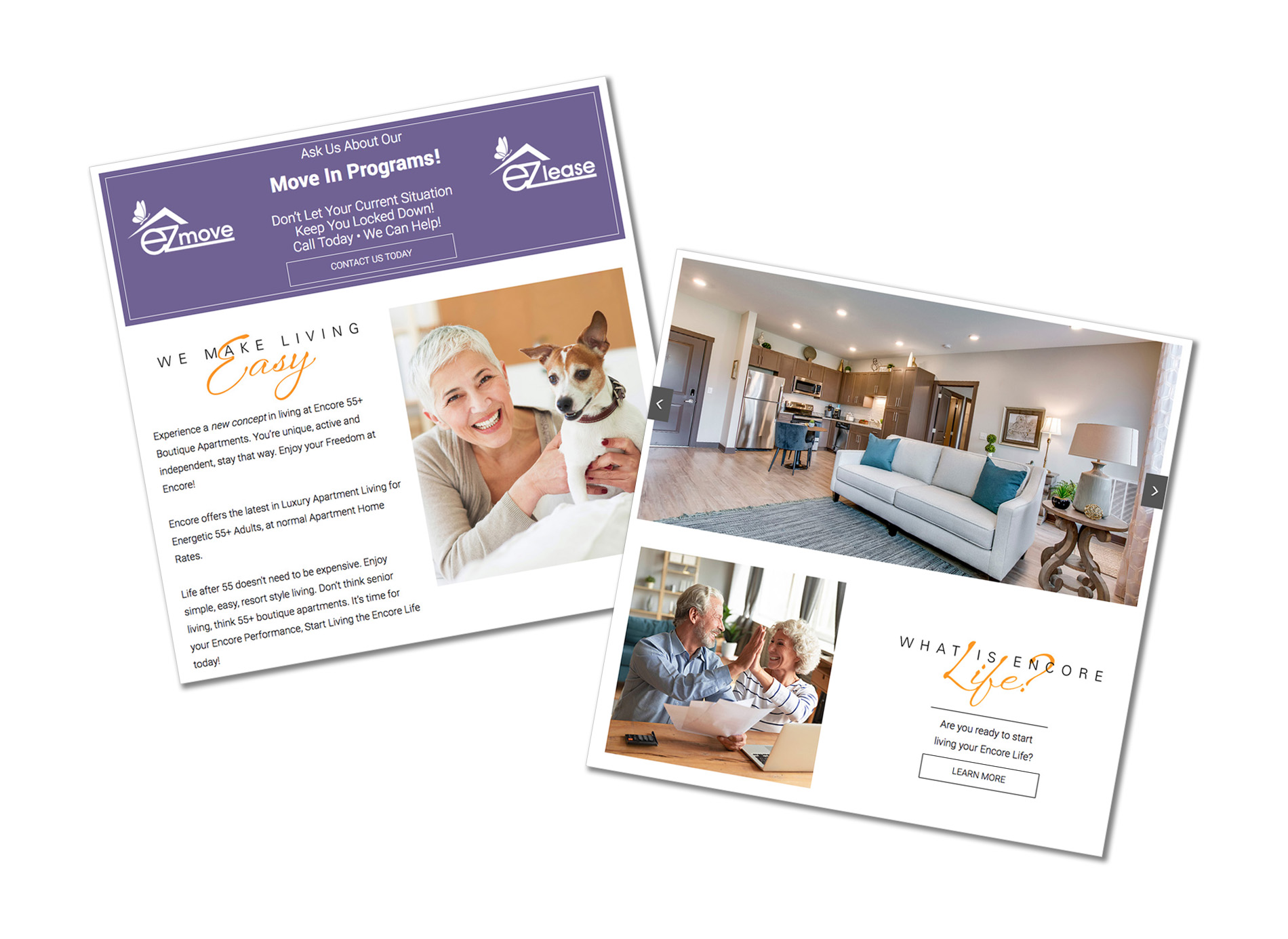 Encore 55+ website screens showing move-in messaging, apartment photography, and lead-generation calls to action