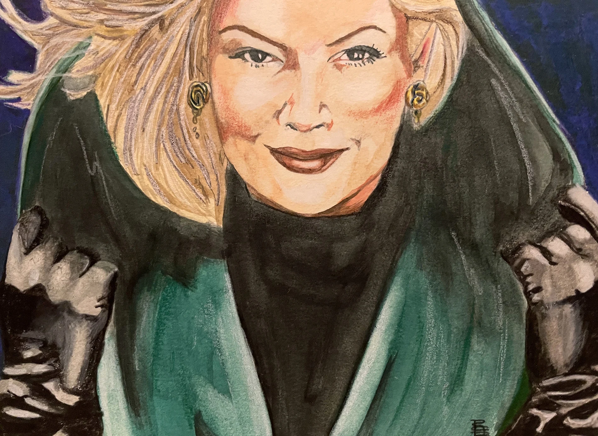Traditional fashion-style portrait illustration of a woman in a dark green garment