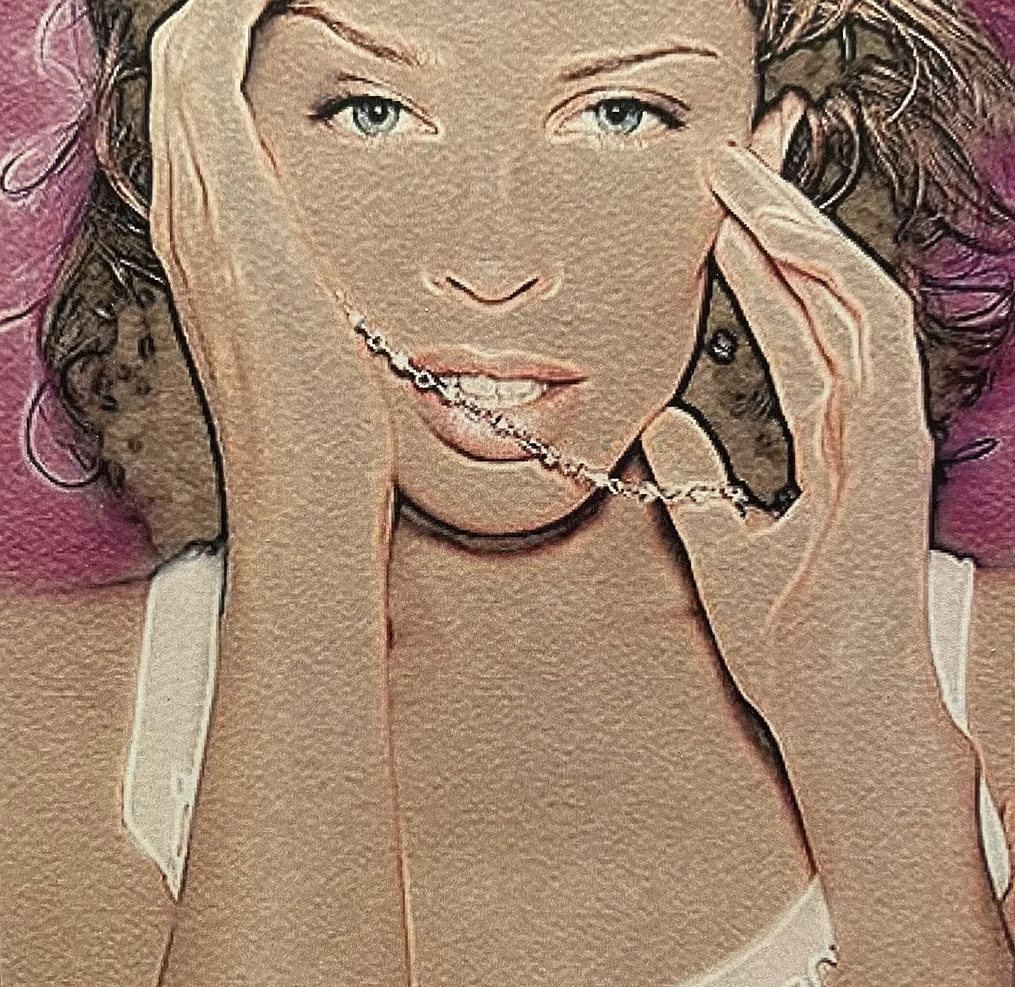 Traditional portrait illustration of a woman holding a necklace near her face