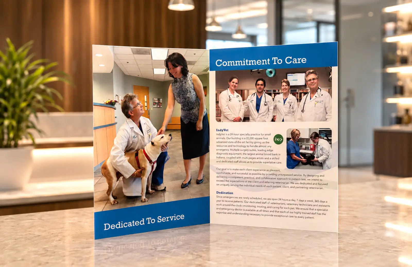 Open IndyVet presentation folder showing hospital photography, areas of expertise, and brand design