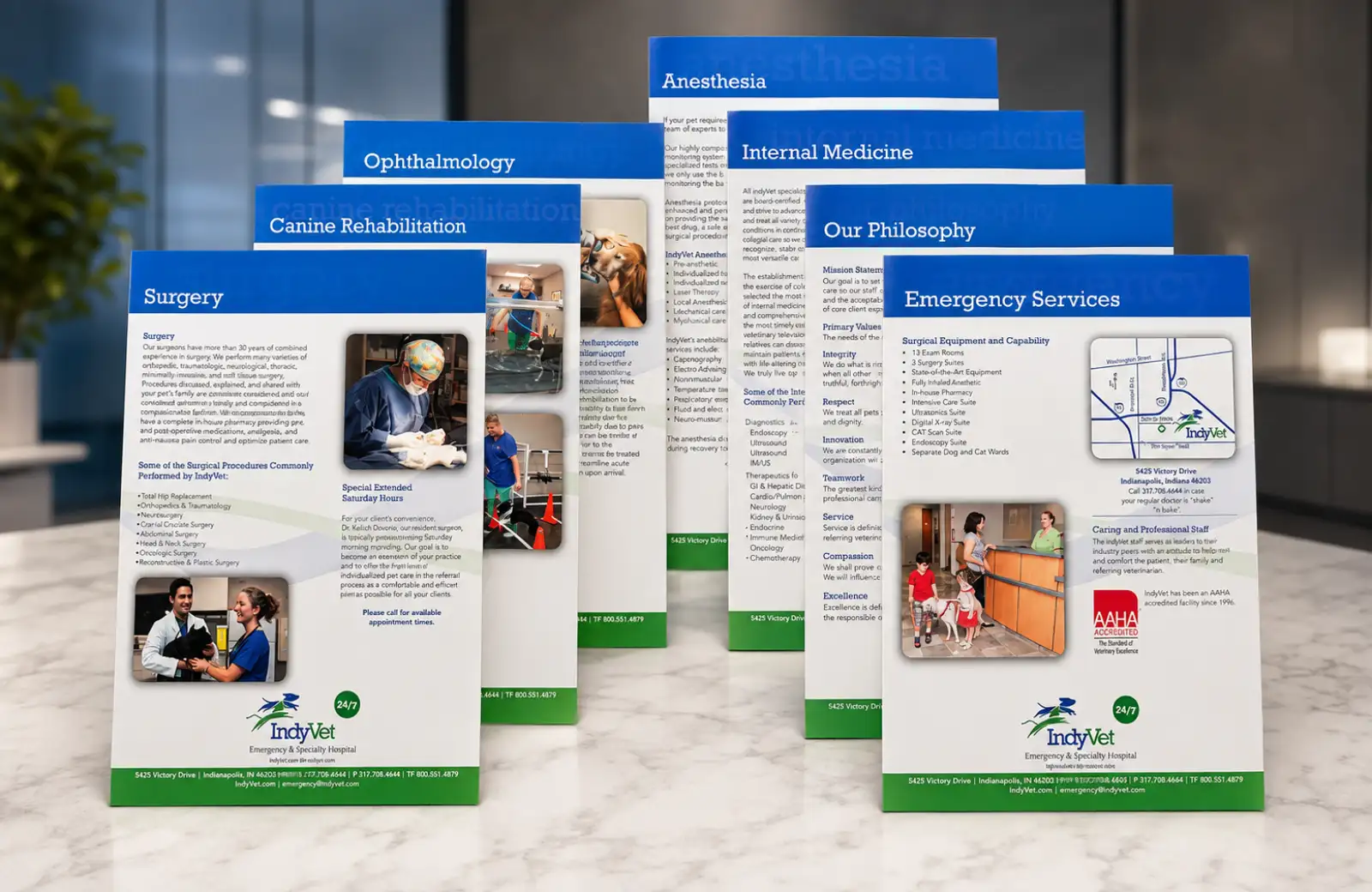 IndyVet service-line inserts covering emergency medicine, surgery, rehabilitation, ophthalmology, anesthesia, internal medicine, and hospital philosophy
