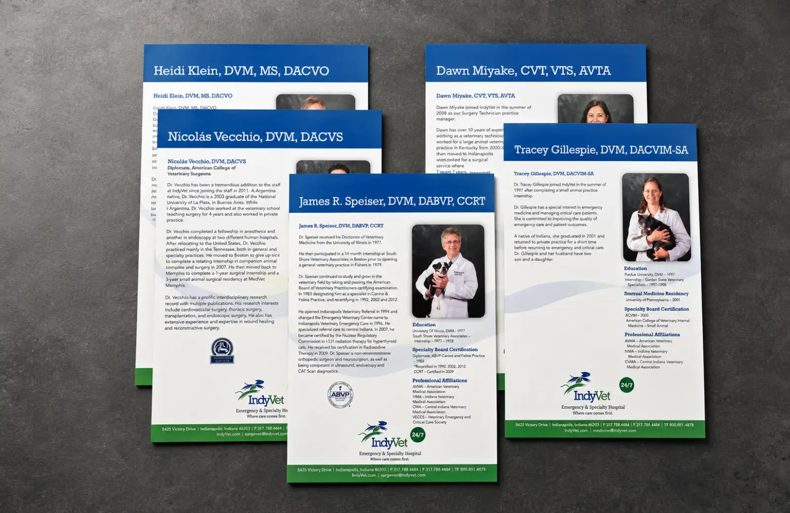 IndyVet veterinarian biography inserts showing doctors, credentials, education, board certification, and professional affiliations