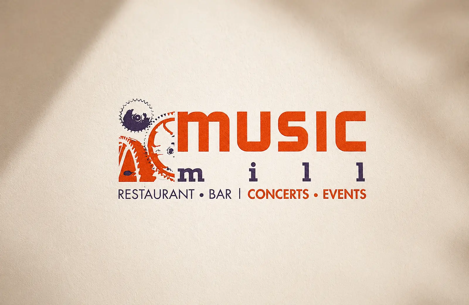 The Music Mill identity system showing logo, pattern, and branded collateral