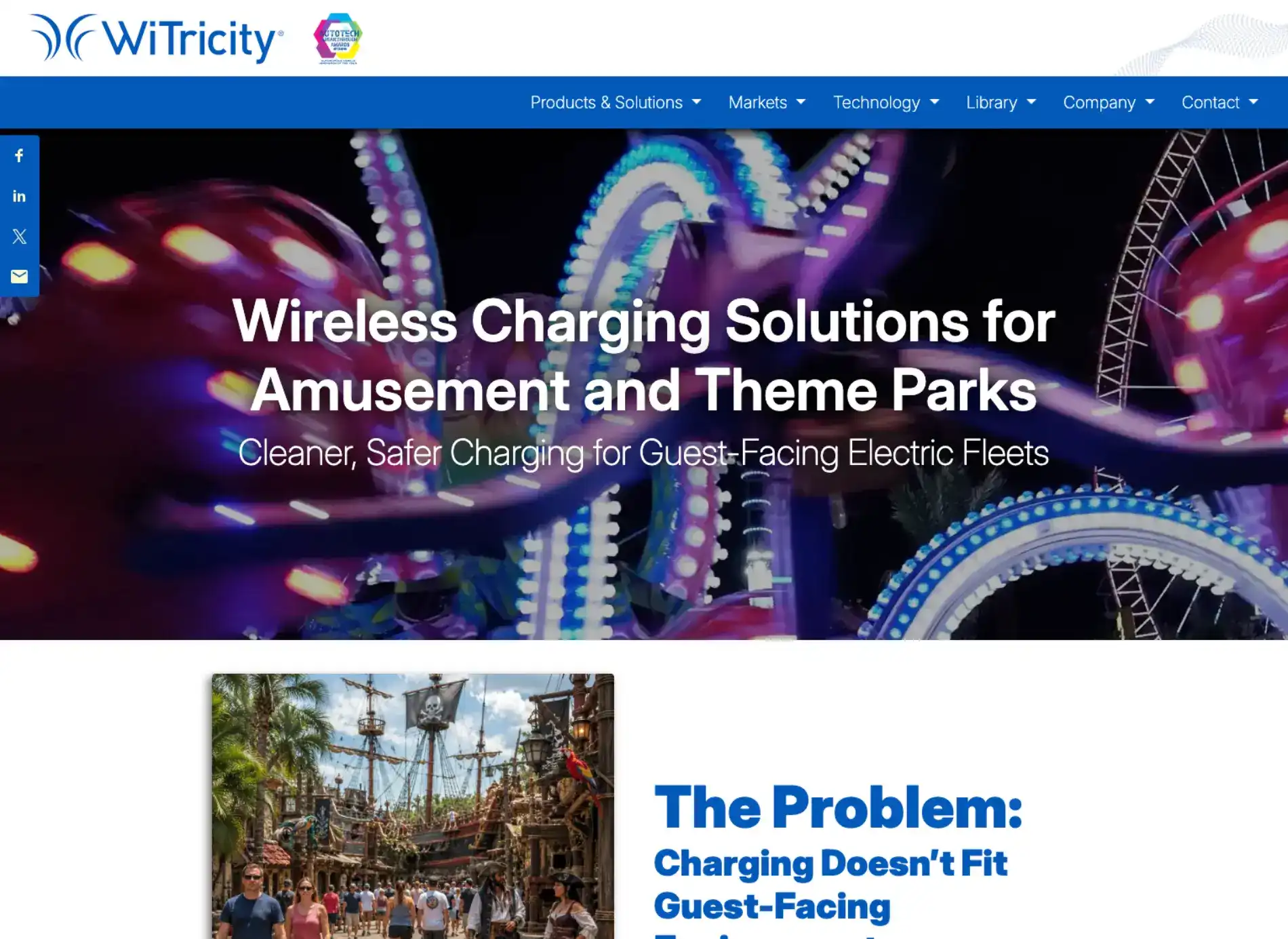 WiTricity website market page for amusement and theme parks, with colorful ride photography and an industry-specific wireless charging message