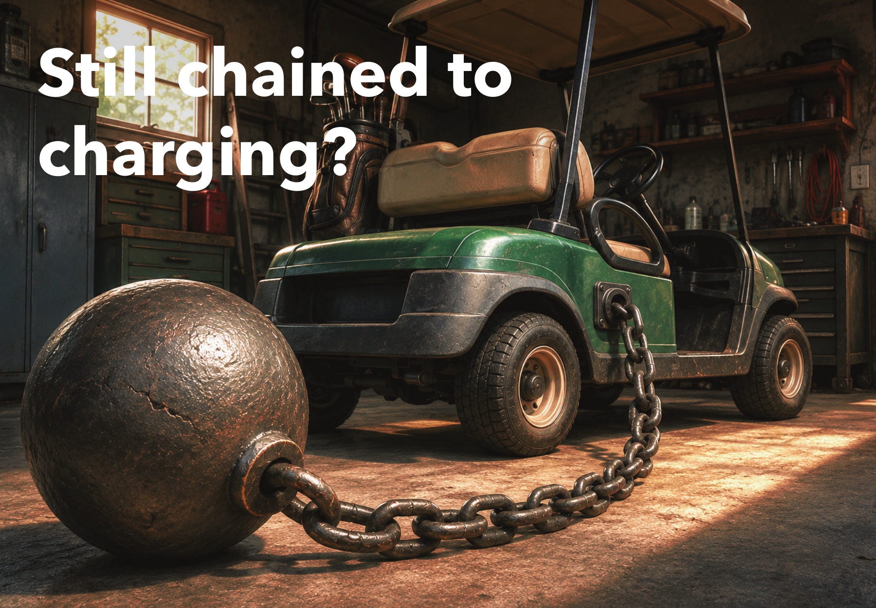 Still Chained to Charging golf cart postcard concept