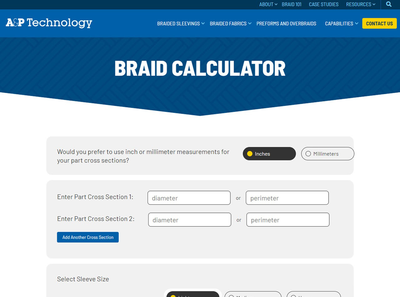 Interactive braid calculator tool and UI for industrial manufacturing