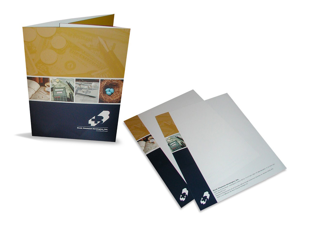 Branded marketing materials including folder and stationery